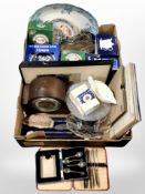 Two boxes containing Ringtons ceramics, oak mantel clock, cutlery, glassware, monochrome engravings,