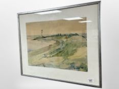 Danish school : Windmill by a coast, watercolour, 43cm x 31cm.