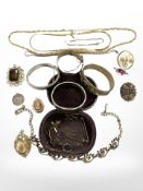 A group of silver and costume jewellery, costume brooches, gold-plated necklaces,