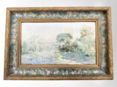 E C Burritt (20th century) A country path with blue bells, oil on board,