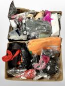 Two boxes containing masquerade masks and other fancy dress items, wigs, etc.