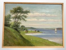 H Coster : Cattle by a river, oil on canvas, 59cm x 42cm.