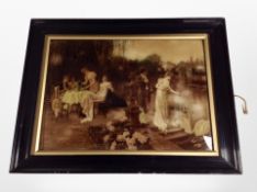 A Victorian crystoleum depicting ladies and gentlemen in a garden, overall 25cm x 32cm.