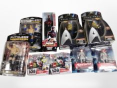 A group of Jakks Pacific WWE Wrestler figures, Playmate's Toys Star Trek figures, etc., all boxed.