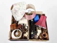 Two boxes containing lamp bases, copper jug, bookends, etc.