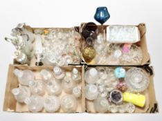 Four boxes containing 20th-century glassware, decanters, claret jugs, drinking glasses, etc.