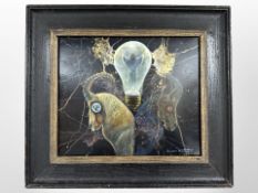 Susan Mortimer (Contemporary) : Abstract composition with light bulb and horned animals,