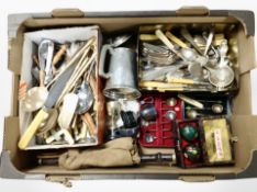 A box of assorted cutlery, tankard, set of coffee spoons in box, Chinese medicine balls, recorder,