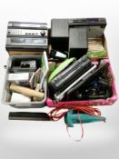 Three boxes containing electricals including Panasonic compact disc player, Sony DVD recorder,