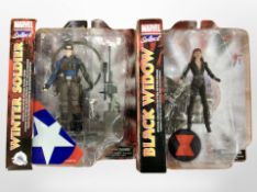 Two Diamond Toys Marvel figurines, The Winter Soldier and Black Widow, both boxed.
