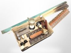 A box of billiards and snooker items including several cue racks, a triangle, several trophies,