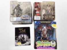 A group of McFarlane Toys and other figures including Spawn, Lara Croft, etc.