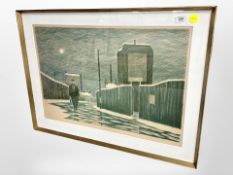 A continental colour print depicting a figure on a street, indistinctly signed in pencil,