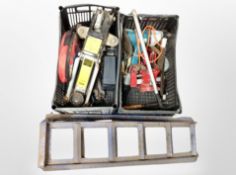Two crates of tools including hydraulic jack, car ramps, vice, power tools.