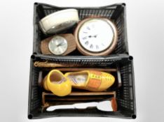 Two boxes containing quartz timepieces, wooden clogs, correspondence rack, etc.