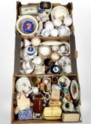 Three boxes containing assorted ceramics, Colclough tea china, Gladstone tea china, figurines,