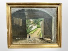 Danish school : A cat seated by a barn, oil on canvas, 27cm x 21cm.