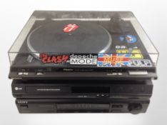 A Technics automatic turntable system SL-BD2, LG DVD player, and a Sony stereo amplifier TA-VE100.