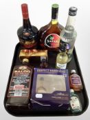A group of assorted alcohols and miniatures including Tia Maria, Safari, Baccardi, etc.