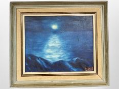 Danish school : Moonlight over water, oil on canvas, 38.5cm x 31.5cm.