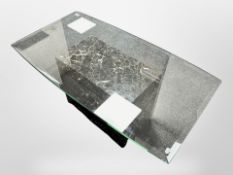 A Barker and Stonehouse glass coffee table on marble pedestal support,