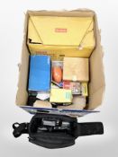 A box of vintage cameras and photography items, Sanyo video camera,