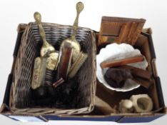 A box of oak desk stands, ornaments, wicker basket, dressing table brushes , pig ornaments,