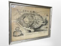 A monochrome print depicting the port of Ostia (1640), 60cm x 45cm.