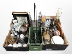 Two boxes of assorted Continental ceramics, homewares, lamp base, cutlery,