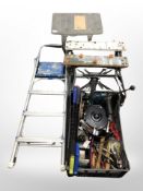 A group of power and hand tools including drill on stand, bench grinder, vice, clamps etc ,