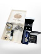 A box of a small quantity of costume jewellery, Police Long Service and Good Conduct Medal,