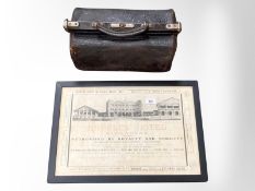 A vintage Gladstone doctor's bag together with a mid century poster 'Raffels Hotel Singapore'.