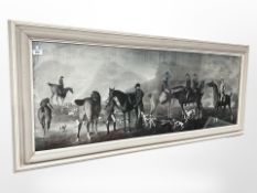 A monochrome print depicting an 18th-century hunting scene, 132cm x 48cm.