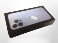 An Apple iPhone 13 Pro, Sierra Blue, 128GB, factory sealed in box.