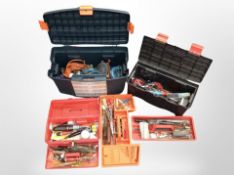 Three plastic tool boxes and contents