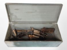 A 19th century painted joiner's tool box of carpentry tools