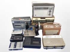 A box of antique Little Worker child's sewing machine and assorted vintage pieces