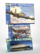 Three Revell scale modelling kits including Lancaster Bomber,