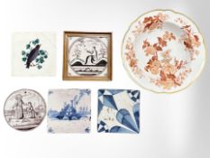 A group of 18th century and later Delft tiles and a Spode Felspar plate, diameter 25cm.