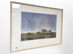 A Danish colour print depicting trees in farmland, indistinctly signed, 57cm x 40cm.
