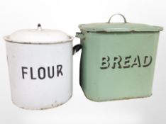 A vintage enamelled bread bin and a flour bin