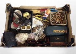 A box of ornaments, collectibles, gilt mirror, pipes,