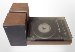 A Bang & Olfusen Beogram 1500 turn table with lead and a pair of Beovox 1702 speakers