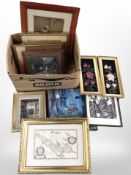 A box of continental pictures and prints, unframed abstract portrait on canvas signed 'Botschinsky',