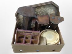 A box of wooden items, book troughs,