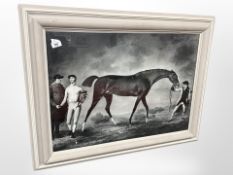 A monochrome print depicting 18th-century figures with a racehorse, 73cm x 53cm.