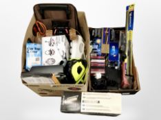 Two boxes of cycling equipment, wireless keyboard, CDs, electricals, sat navs,