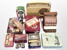 A box of vintage radios including Bush, childs toy till, golf balls, microscope in box,
