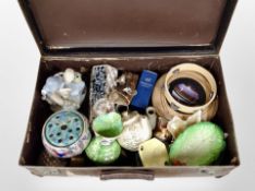 A vintage suitcase containing ceramics, Maling, tambourine, glass ware,