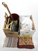 Two boxes containing gilt mirror, stick pot and two walking sticks, soft goods.